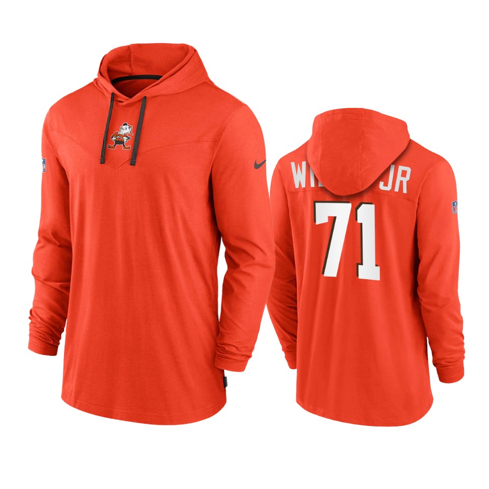 cleveland browns jedrick wills orange sideline performance hoodie tri blend t shirt
