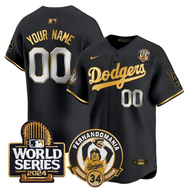 custom Men's Dodgers Fernando Valenzuela & 2024 World Series Patch Vapor Premier Limited Jersey V3 - All Stitched Black Gold