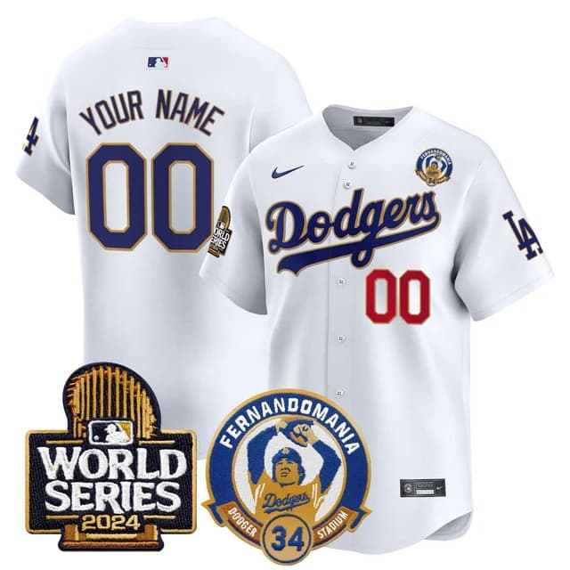 custom Men's Dodgers Fernando Valenzuela & 2024 World Series Patch Vapor Premier Limited Jersey V3 - All Stitched White