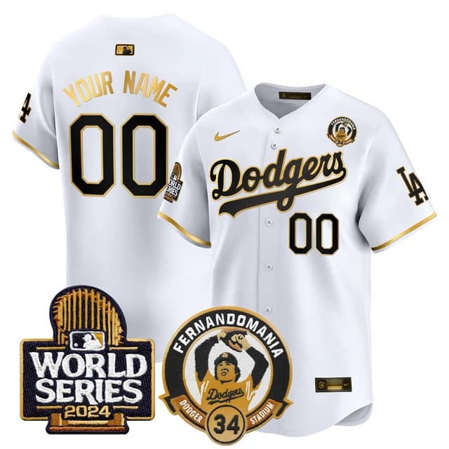 custom Men's Dodgers Fernando Valenzuela & 2024 World Series Patch Vapor Premier Limited Jersey V3 - All Stitched White Gold