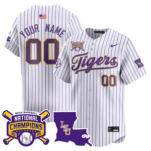 custom Men's LSU Tigers 2025 World Series Champions Limited Jersey - All Stitched Pinstripe