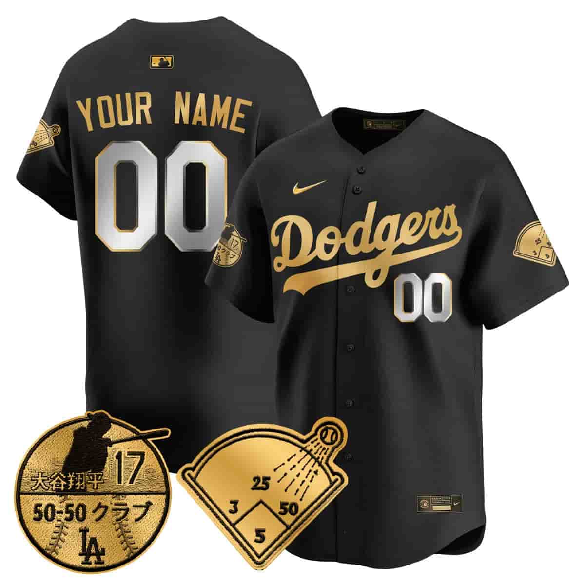 custom Men's Los Angeles Dodgers Vapor Limited Jersey - Shohei Ohtani Patch - All Stitched Black Gold