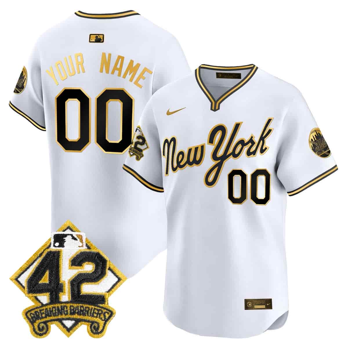 custom Men's New York Mets 2025 Jackie Robinson Patch Road Alternate Jersey – All Stitched White Gold