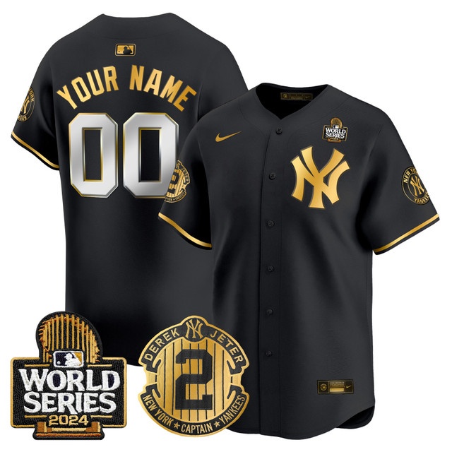 custom Men's Yankees Derek Jeter Patch 2024 World Series Vapor Premier Limited Jersey - All Stitched Black Gold