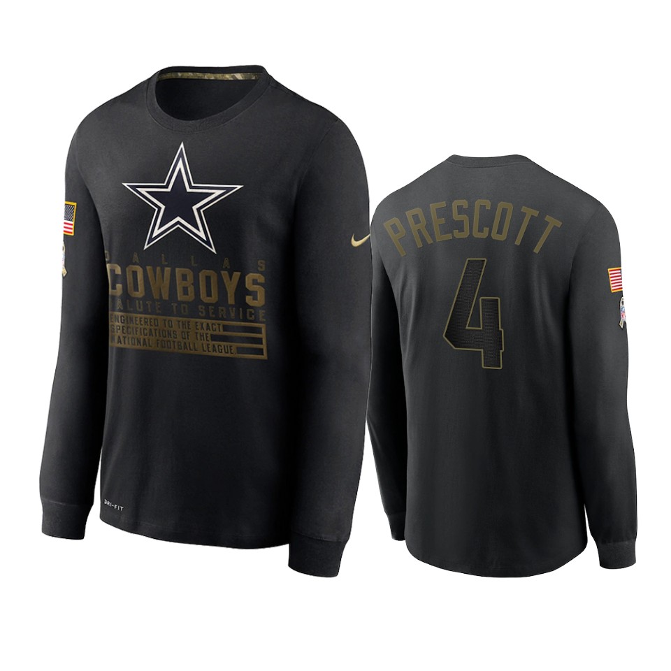 dak prescott cowboys black 2020 salute to service sideline performance long sleeve t shirt