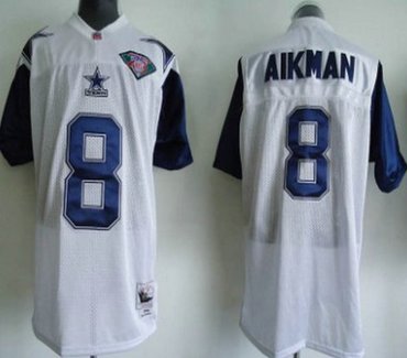 dallas cowboys #8 troy aikman white 75th patch throwback jersey
