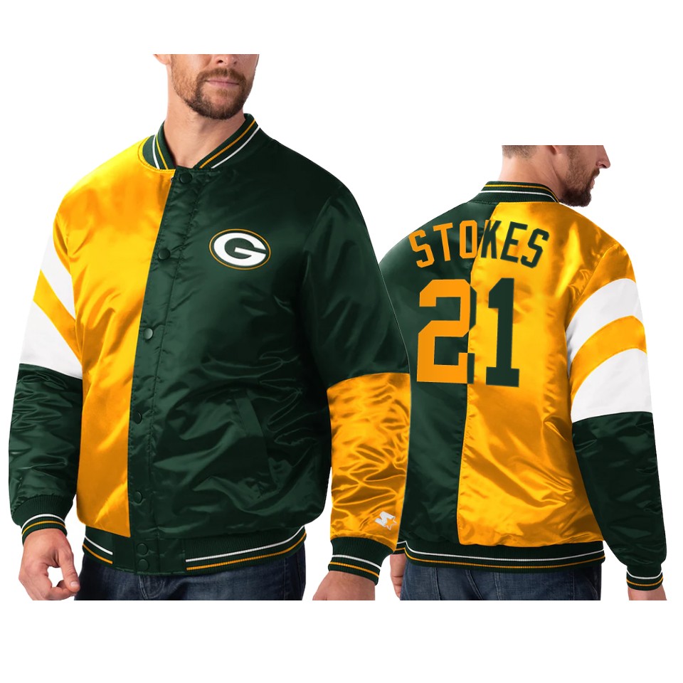 eric stokes packers green gold split leader varsity jacket