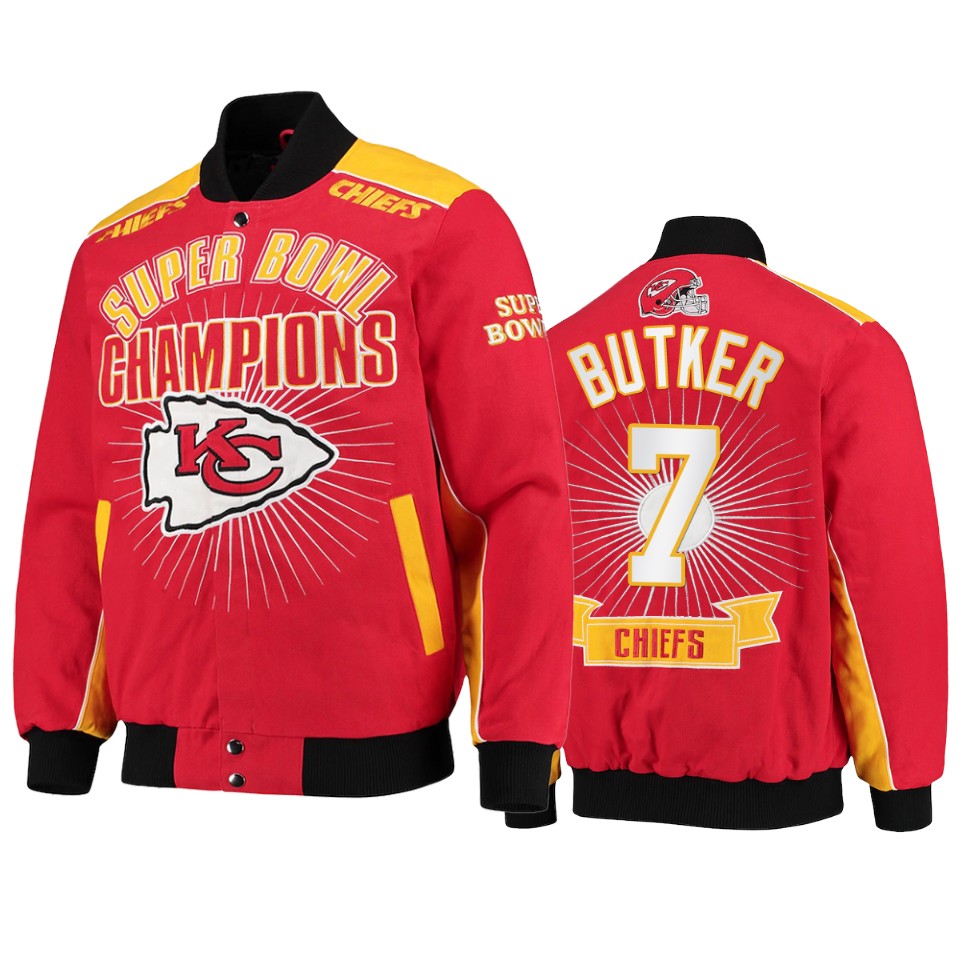 harrison butker chiefs red super bowl champions commemorative jacket