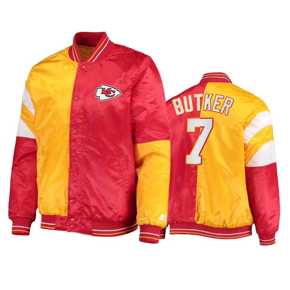 harrison butker chiefs red yellow split leader varsity jacket