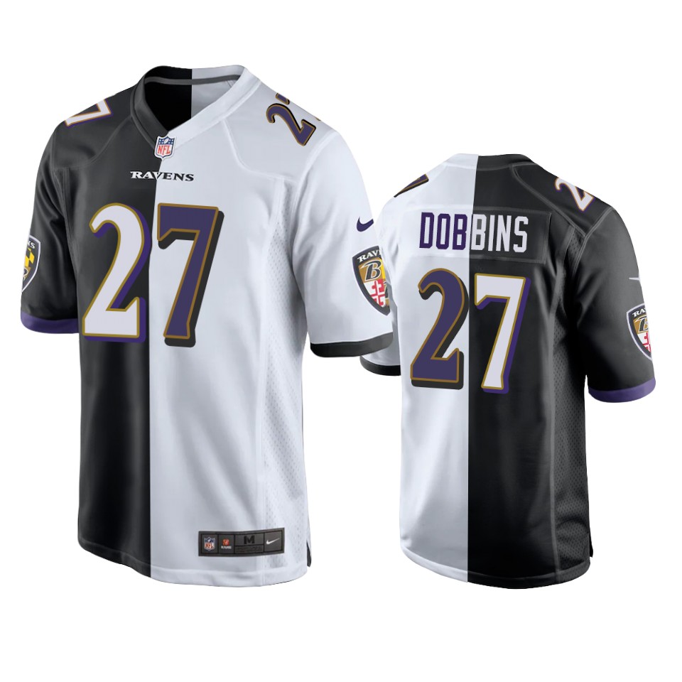 j.k. dobbins ravens black white split game jersey