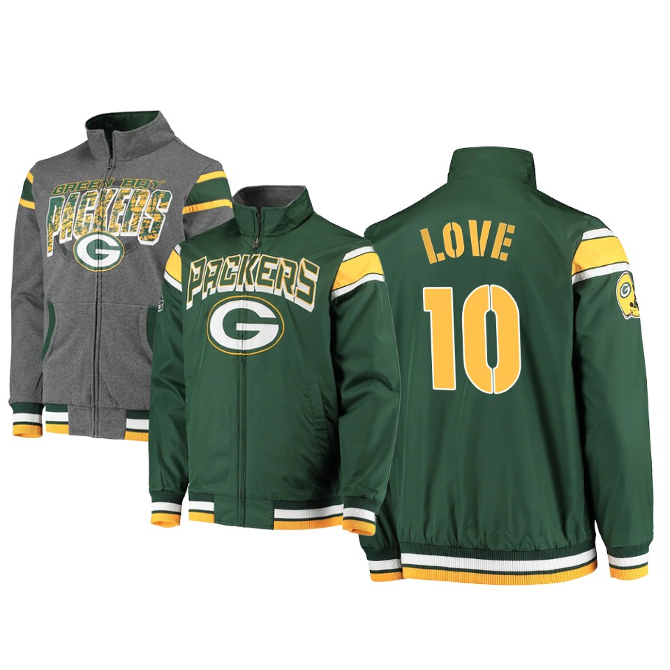 jordan love packers green charcoal offside reversible full zip jacket