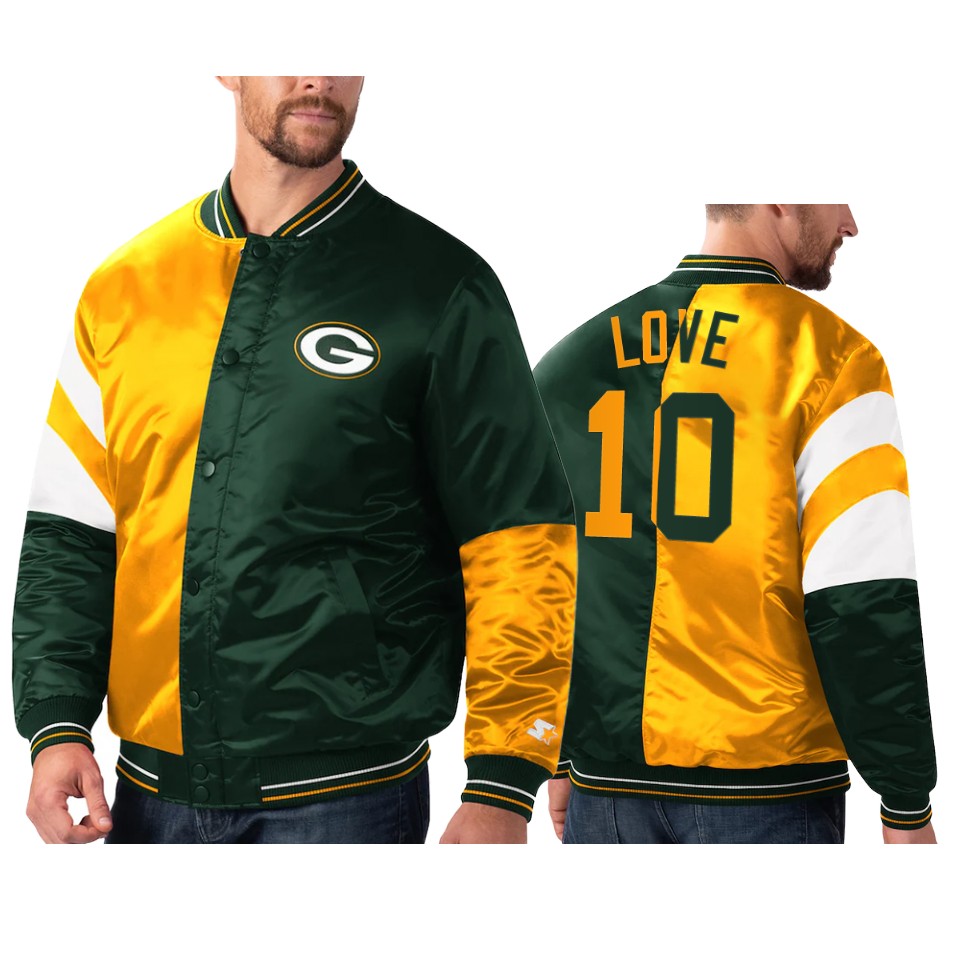 jordan love packers green gold split leader varsity jacket