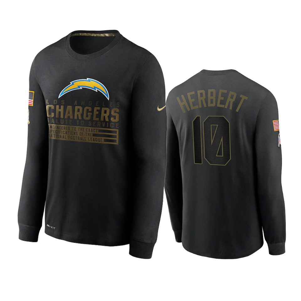 justin herbert chargers black 2020 salute to service sideline performance long sleeve t shirt