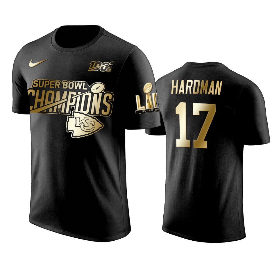 kansas city chiefs mecole hardman black super bowl liv champions golden edition t shirt