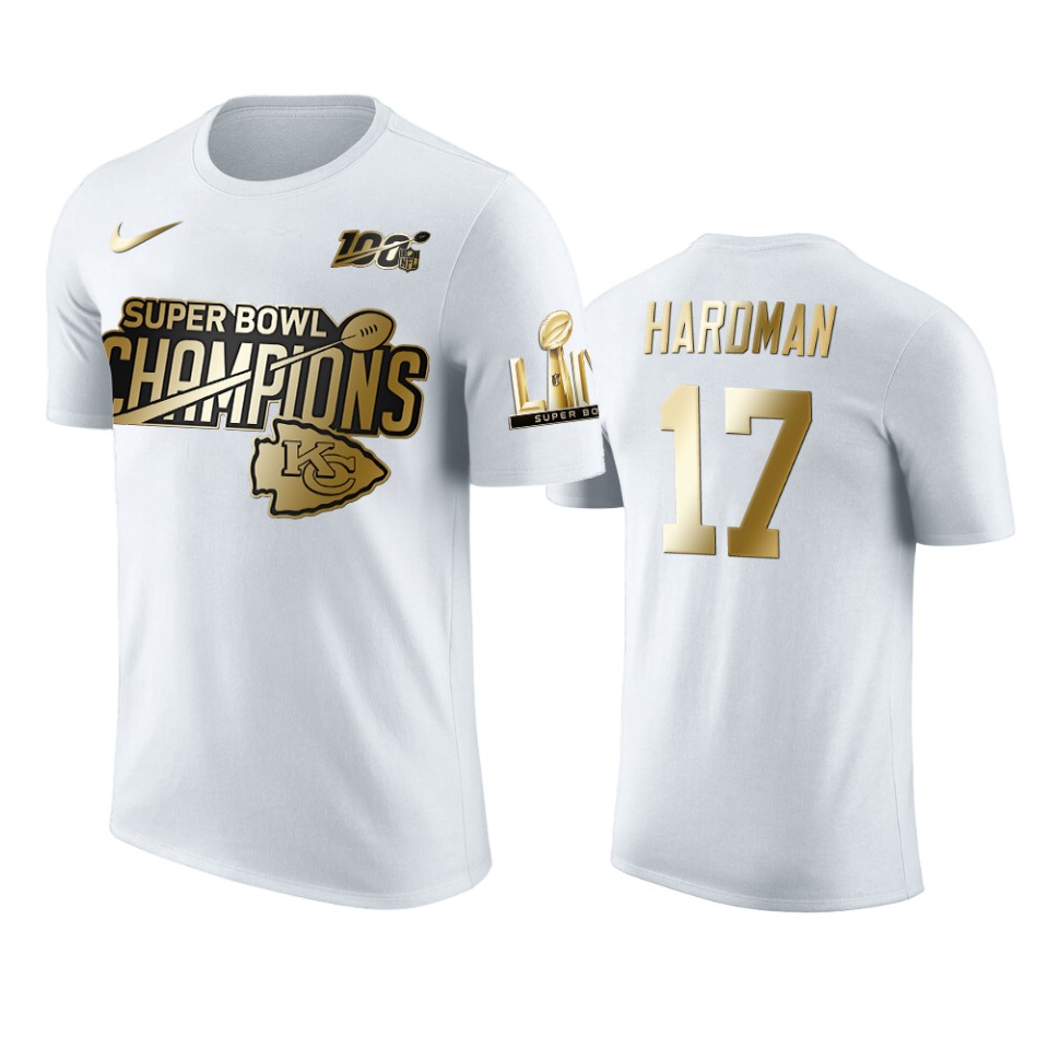 kansas city chiefs mecole hardman white super bowl liv champions golden edition t shirt