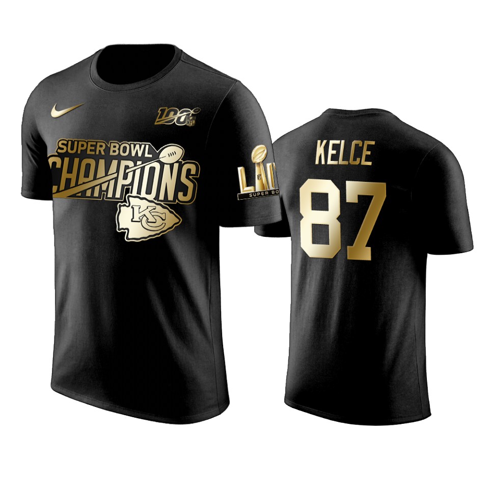 kansas city chiefs travis kelce black super bowl liv champions golden edition t shirt