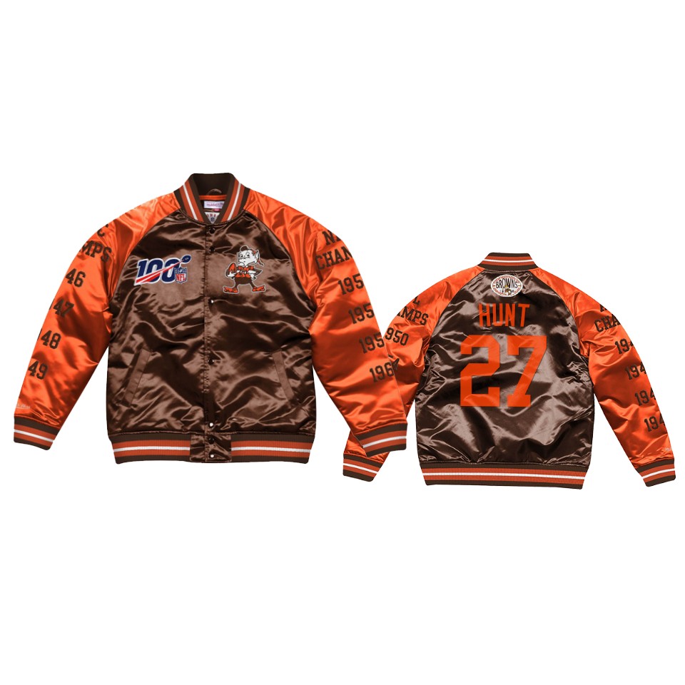 kareem hunt browns brown 100th season satin full snap jacket