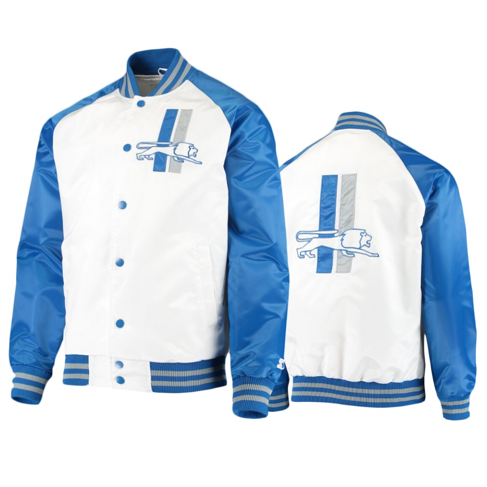 lions white blue clean up throwback varsity jacket
