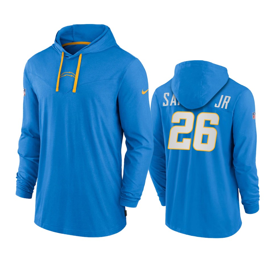 los angeles chargers asante samuel jr. powder blue sideline performance hoodie tri blend t shirt