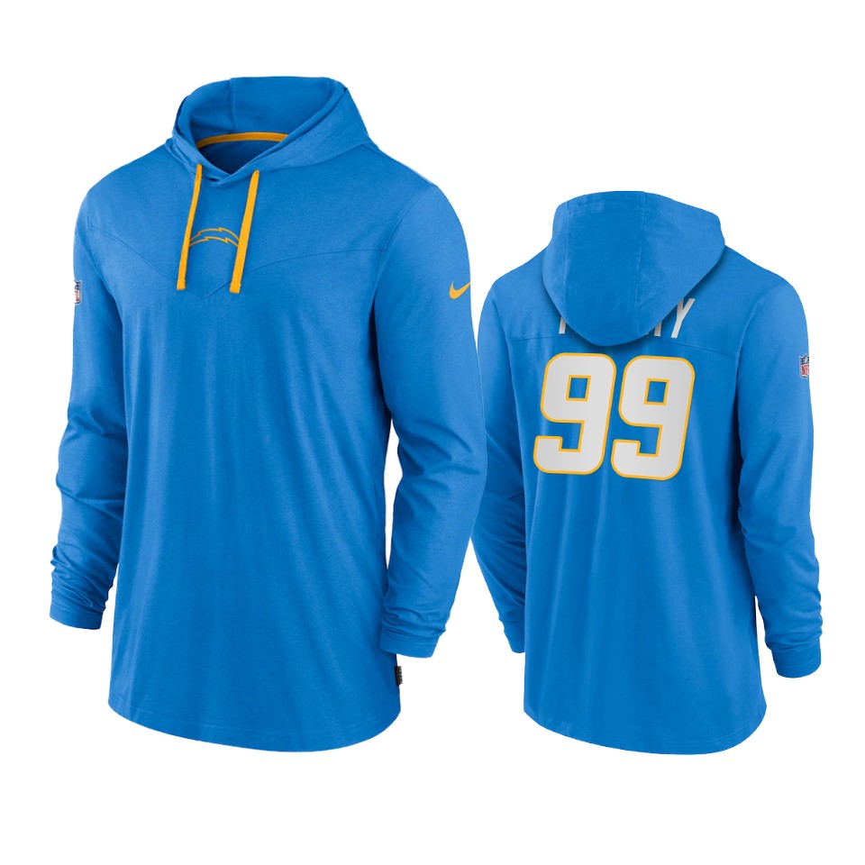 los angeles chargers jerry tillery powder blue sideline performance hoodie tri blend t shirt