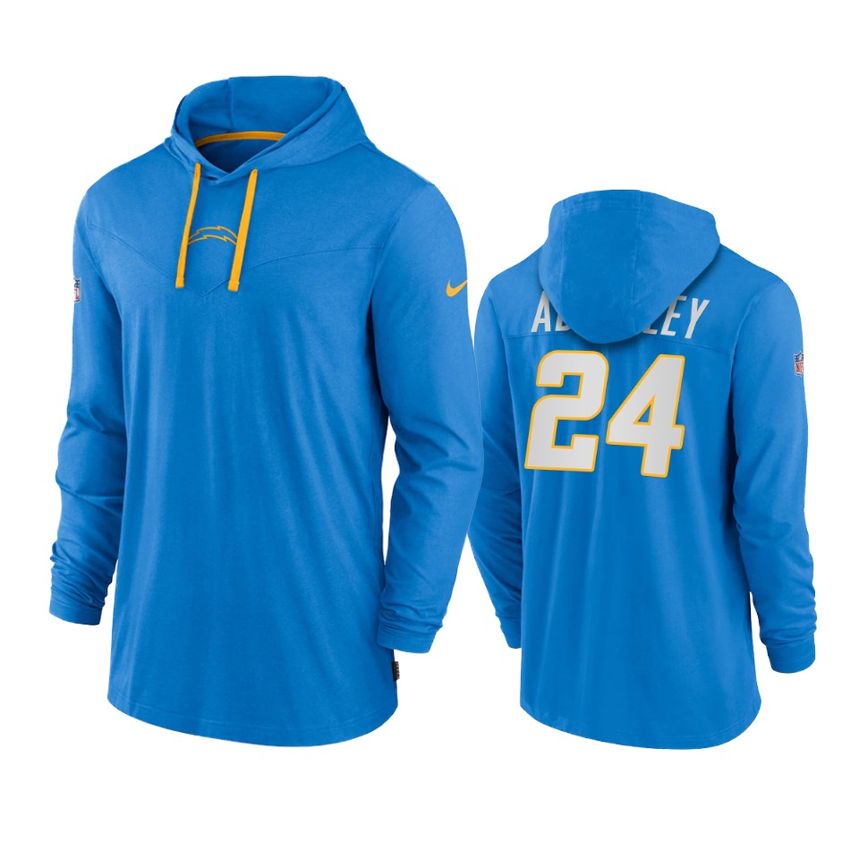 los angeles chargers nasir adderley powder blue sideline performance hoodie tri blend t shirt