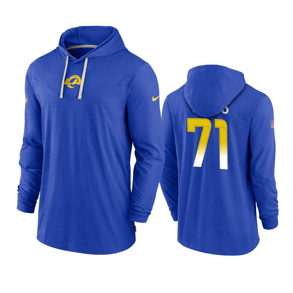 los angeles rams bobby evans royal sideline performance hoodie tri blend t shirt