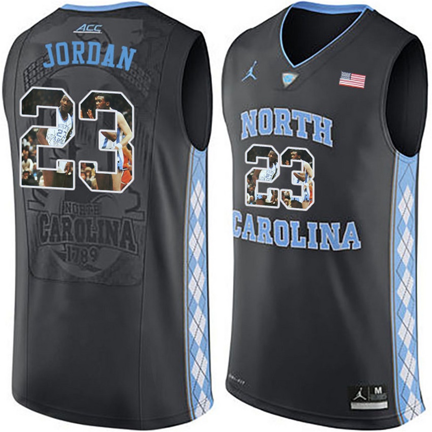 male north carolina tar heels black 23 michael jordan ncaa basketball jersey with player pictorial