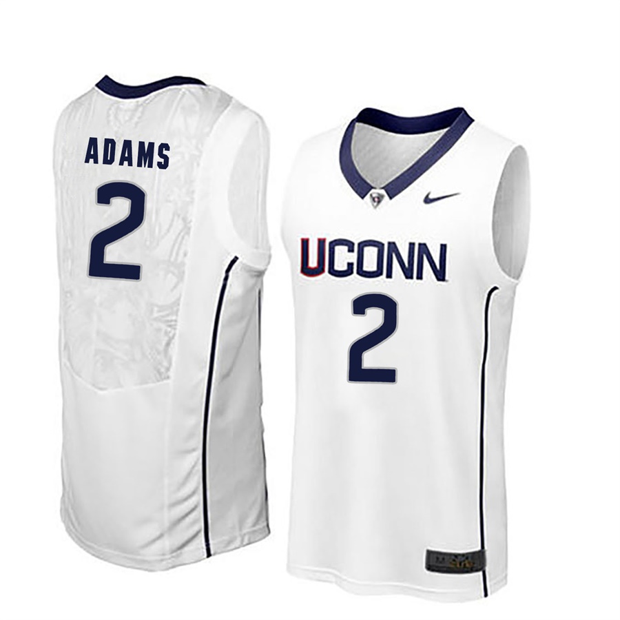 male uconn huskies white 2 jalen adams ncaa basketball player name and number jersey