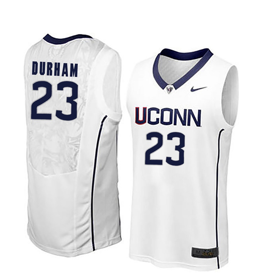 male uconn huskies white 23 juwan durham ncaa basketball player name and number jersey