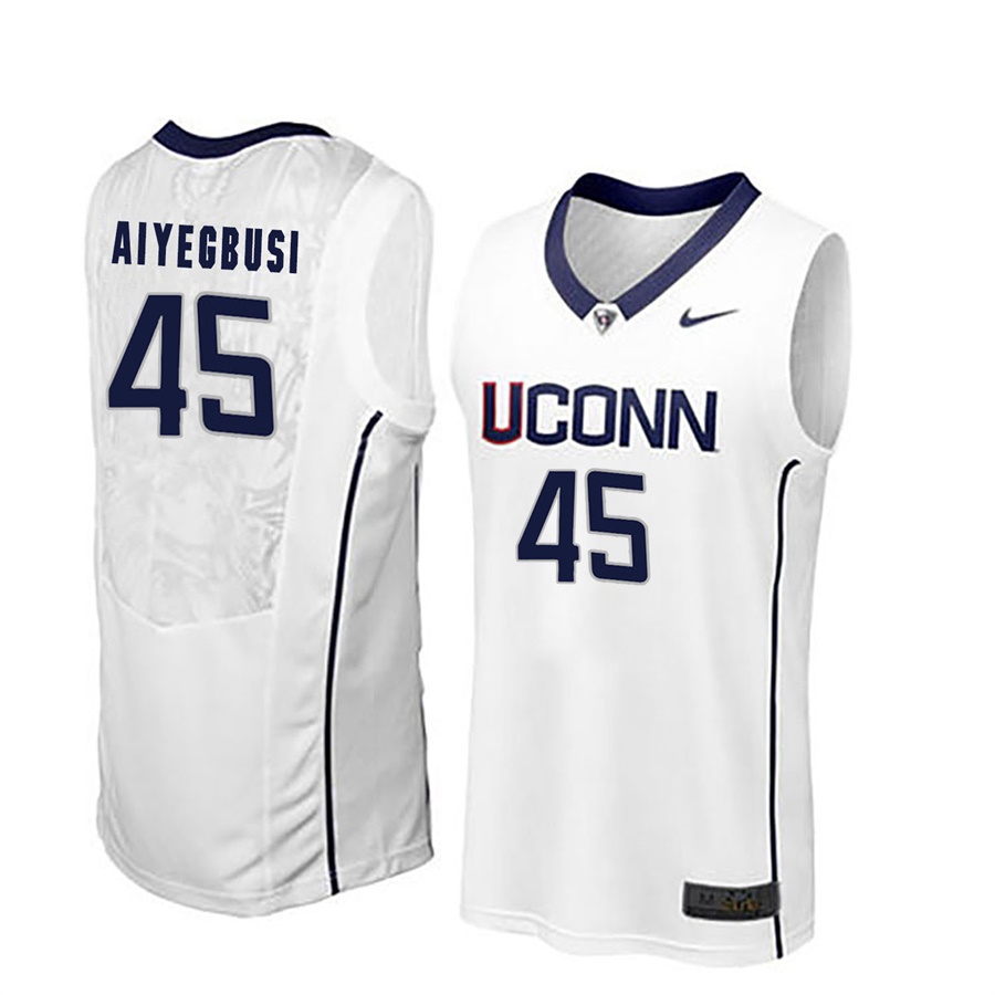 male uconn huskies white 45 omotayo aiyegbusi ncaa basketball player name and number jersey
