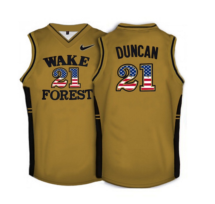 male wake forest demon deacons 21 tim duncan gold national flag basketball jersey