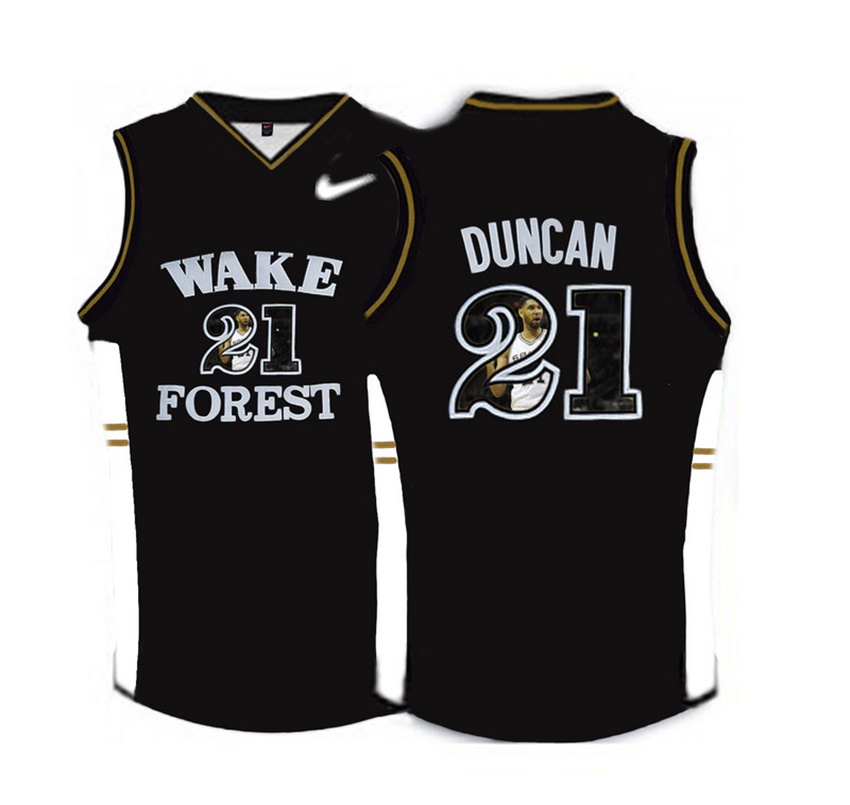 male wake forest demon deacons black 21 tim duncan ncaa basketball jersey with player pictorial