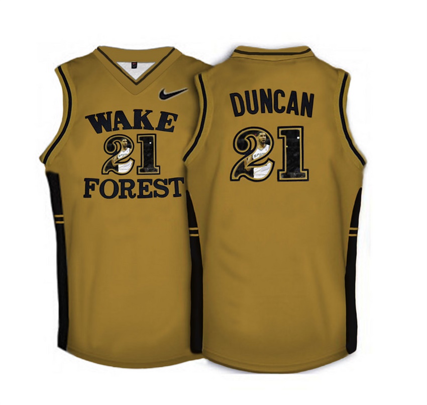 male wake forest demon deacons gold 21 tim duncan ncaa basketball jersey with player pictorial