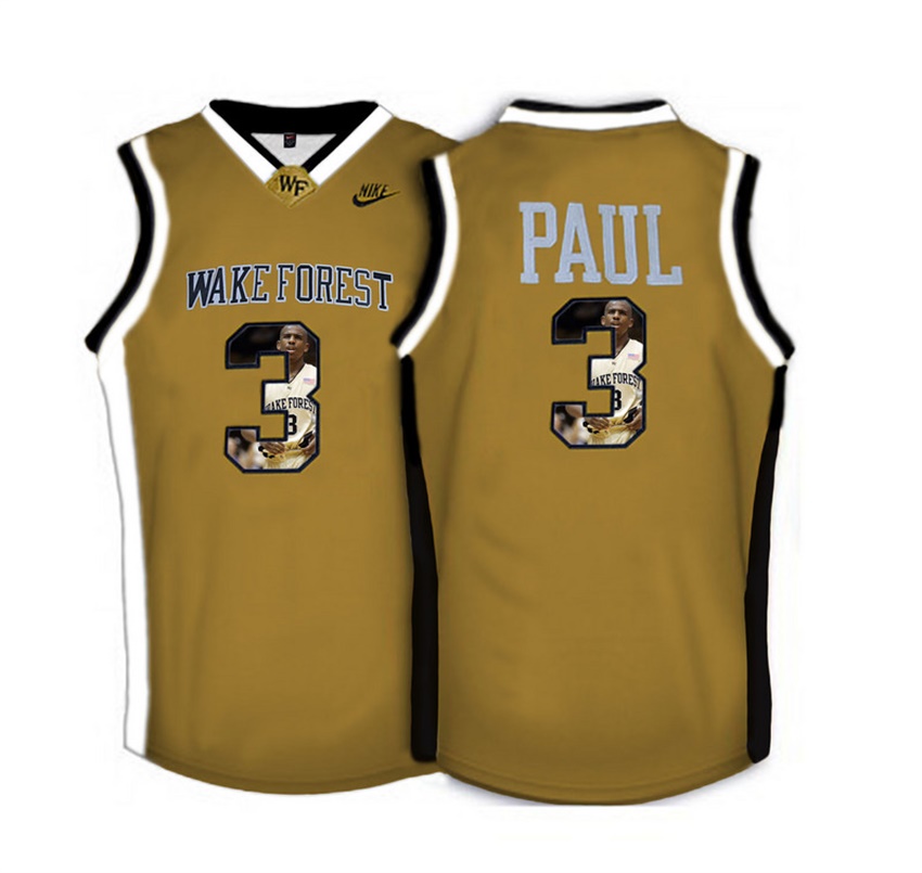 male wake forest demon deacons gold 3 chris paul ncaa basketball jersey with player pictorial