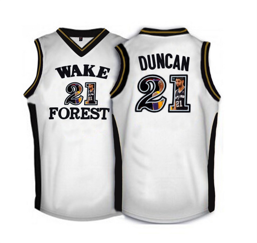 male wake forest demon deacons white 21 tim duncan ncaa basketball jersey with player pictorial