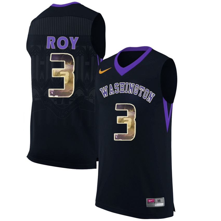 male washington huskies black 3 brandon roy ncaa basketball jersey with player pictorial