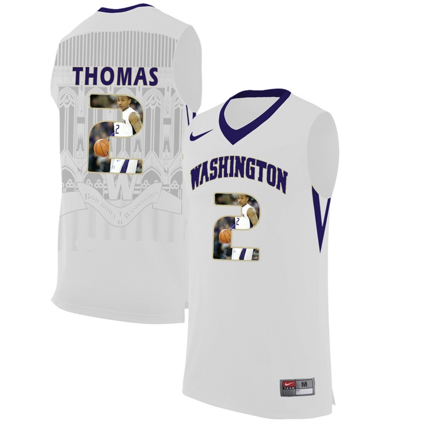 male washington huskies white 2 isaiah thomas ncaa basketball jersey with player pictorial