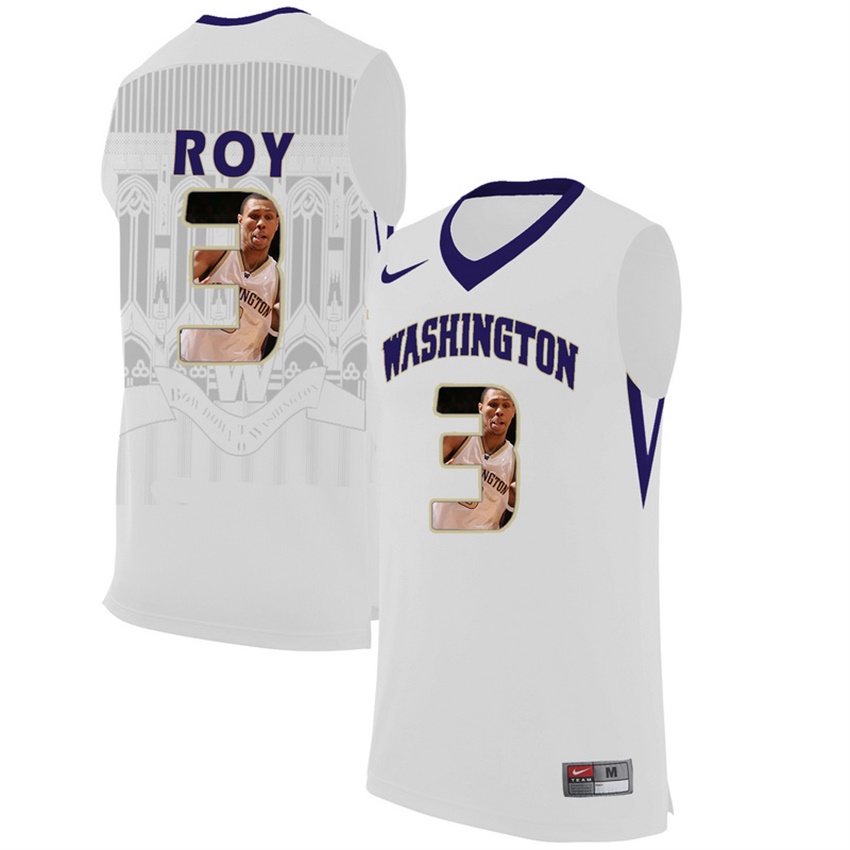 male washington huskies white 3 brandon roy ncaa basketball jersey with player pictorial