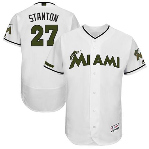 marlins #27 Giancarlo Stanton White Flexbase Authentic Collection Memorial Day Stitched MLB Jersey