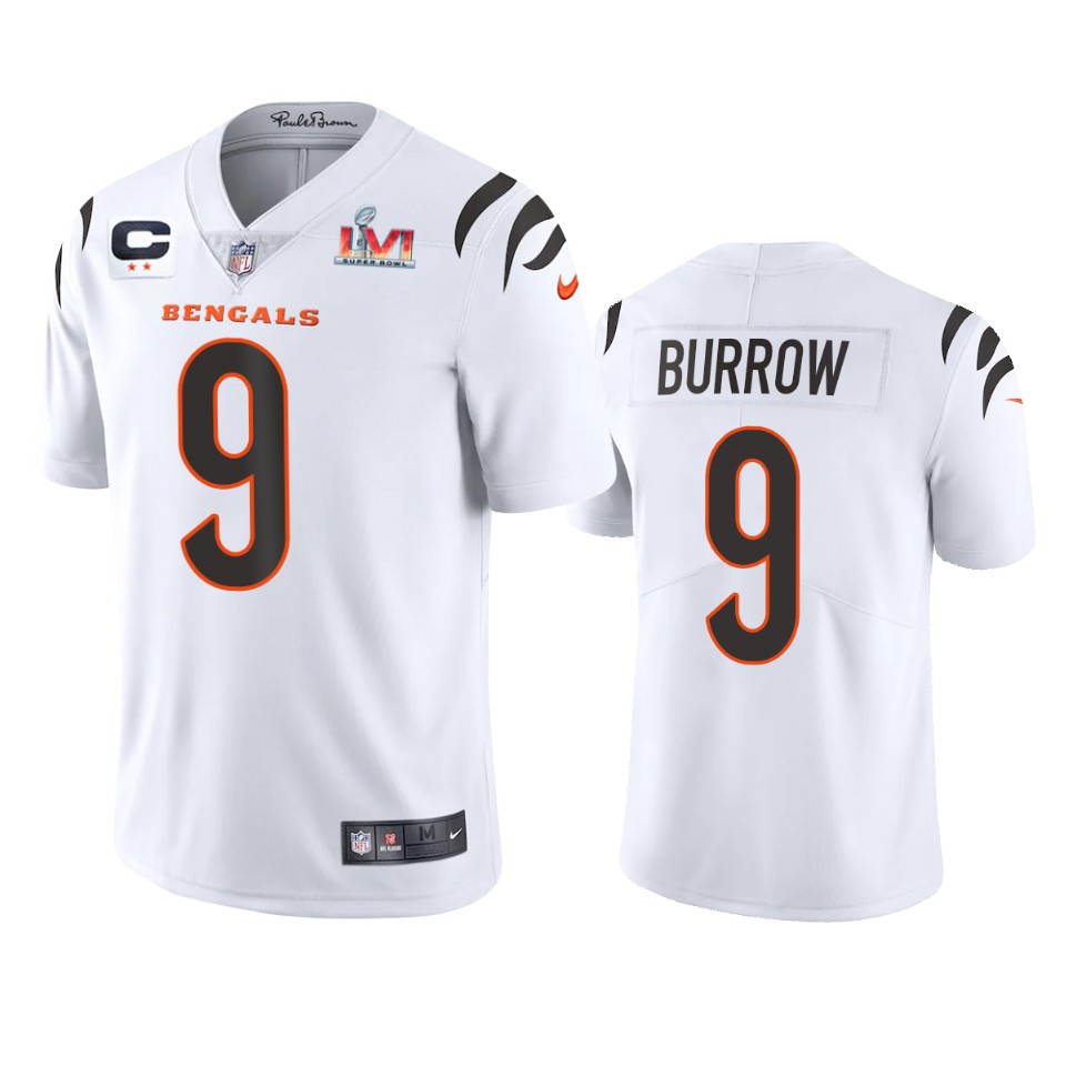 men's cincinnati bengals joe burrow white super bowl lvi captain patch jersey