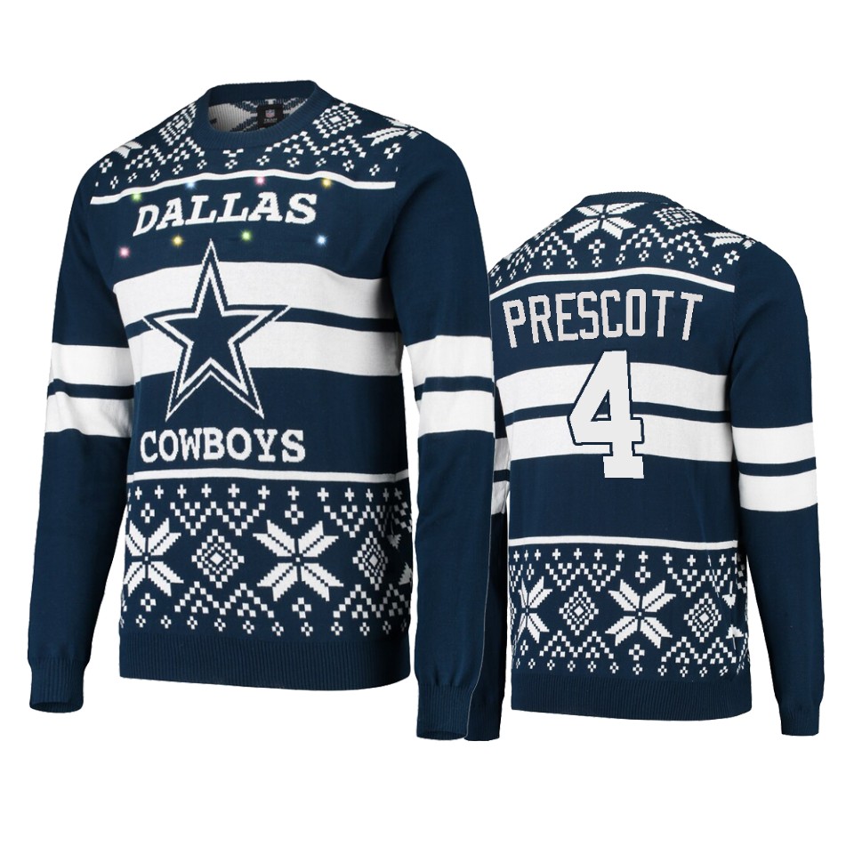 men's cowboys dak prescott navy silver 2019 ugly christmas light up sweater