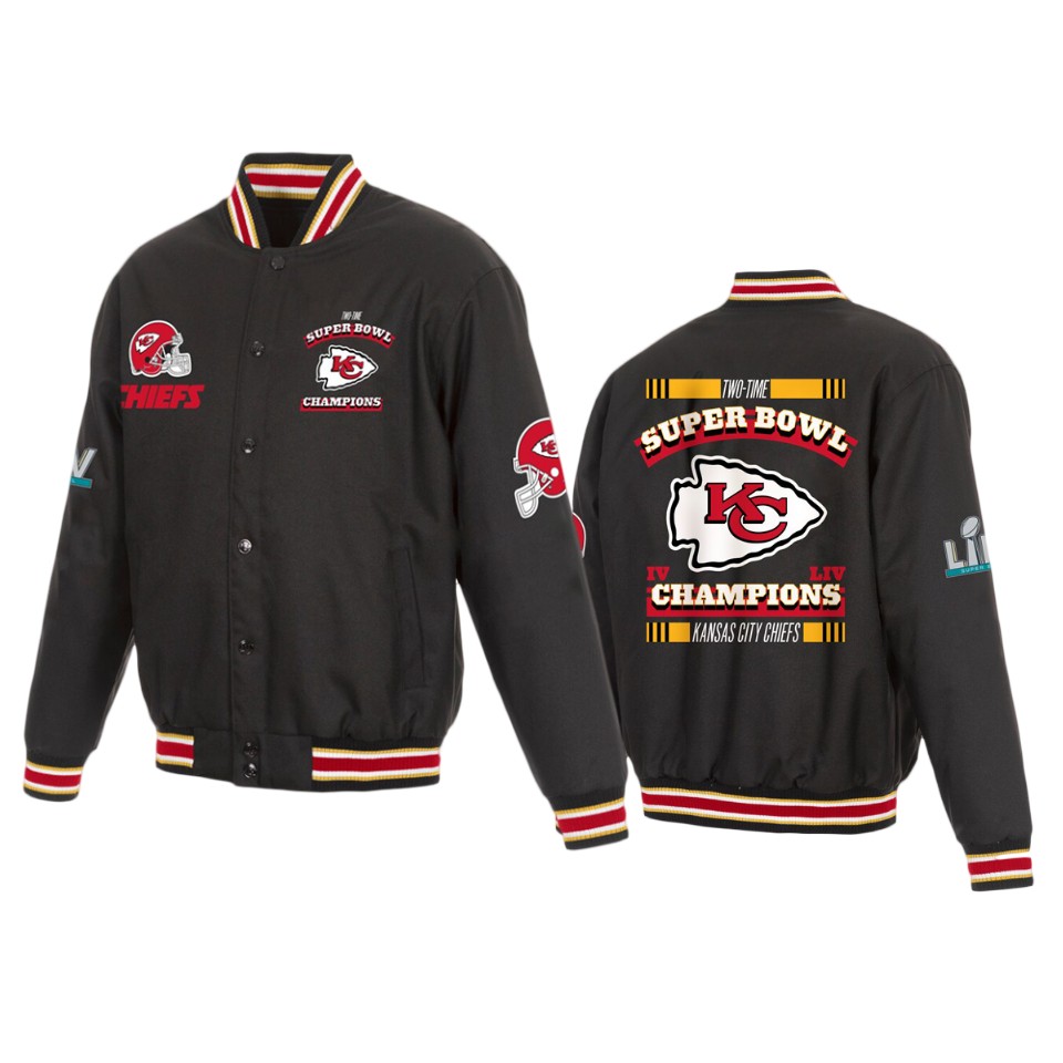 men's kansas city chiefs black super bowl liv champions 2 time super bowl champions poly twill full snap jacket
