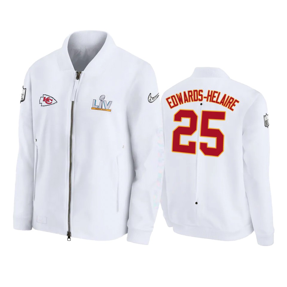 men's kansas city chiefs clyde edwards helaire white super bowl lv diamond coaches jacket
