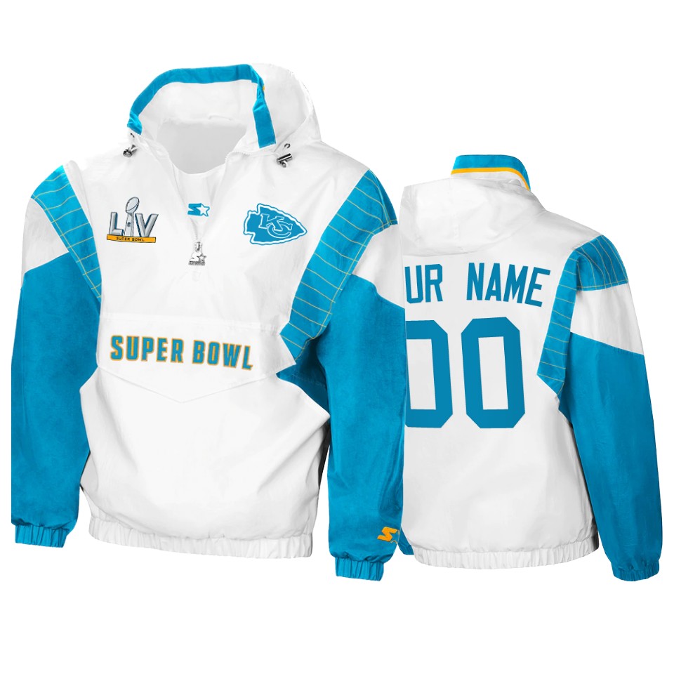 men's kansas city chiefs custom white teal super bowl lv crinkle hoodie