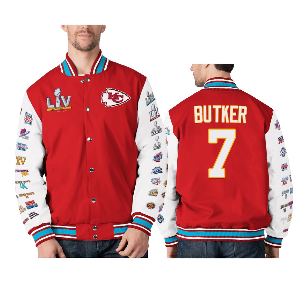 men's kansas city chiefs harrison butker red super bowl lv jacket