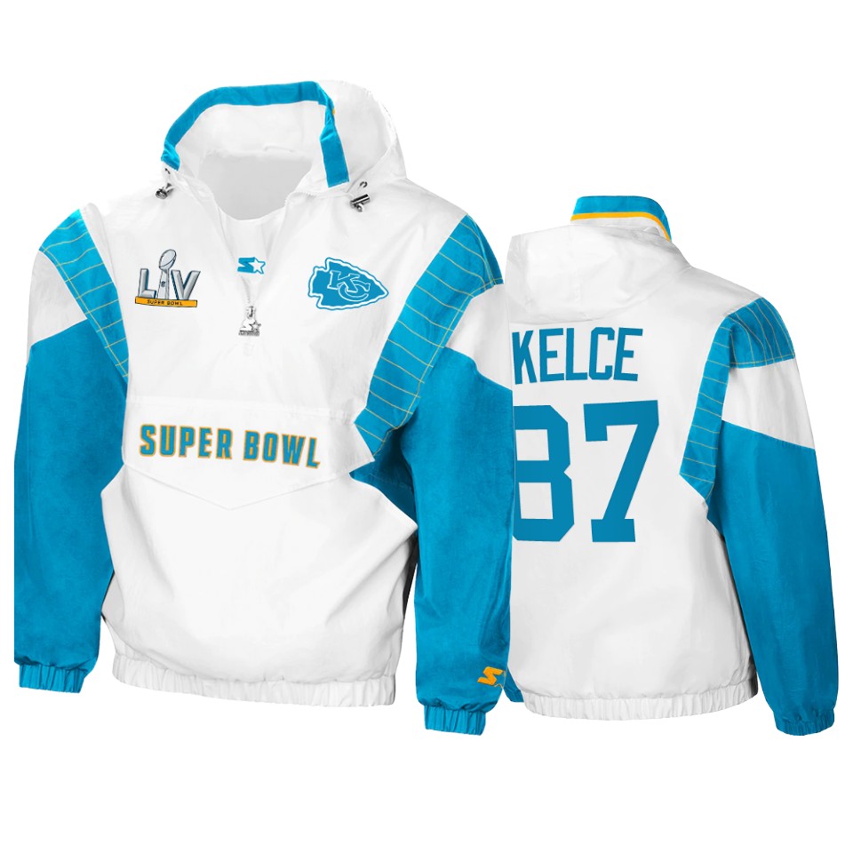 men's kansas city chiefs travis kelce white teal super bowl lv crinkle hoodie
