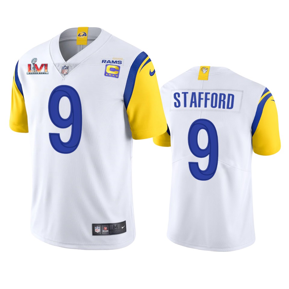 men's los angeles rams matthew stafford white super bowl lvi captain patch jersey