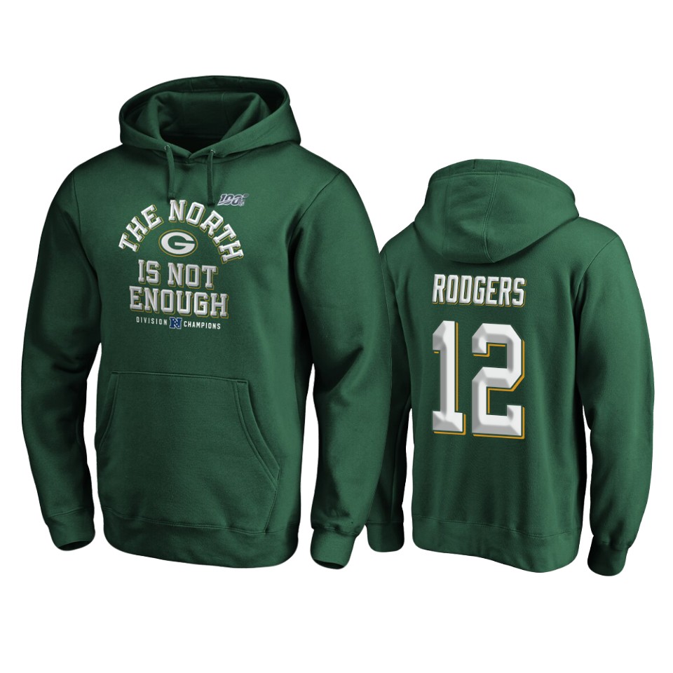 men's packers aaron rodgers green 2019 nfc north division champions cover two pullover hoodie