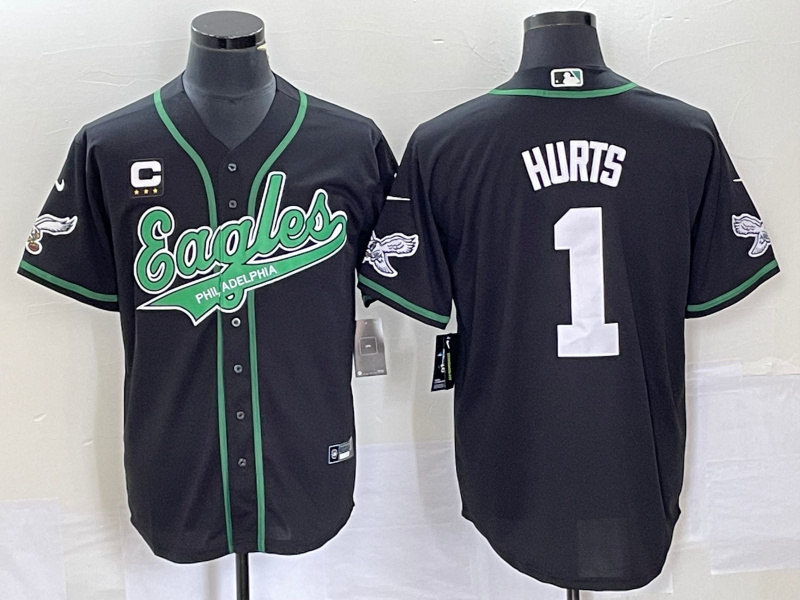 men's philadelphia eagles #1 jalen hurts black with c patch cool base stitched baseball jersey_副本