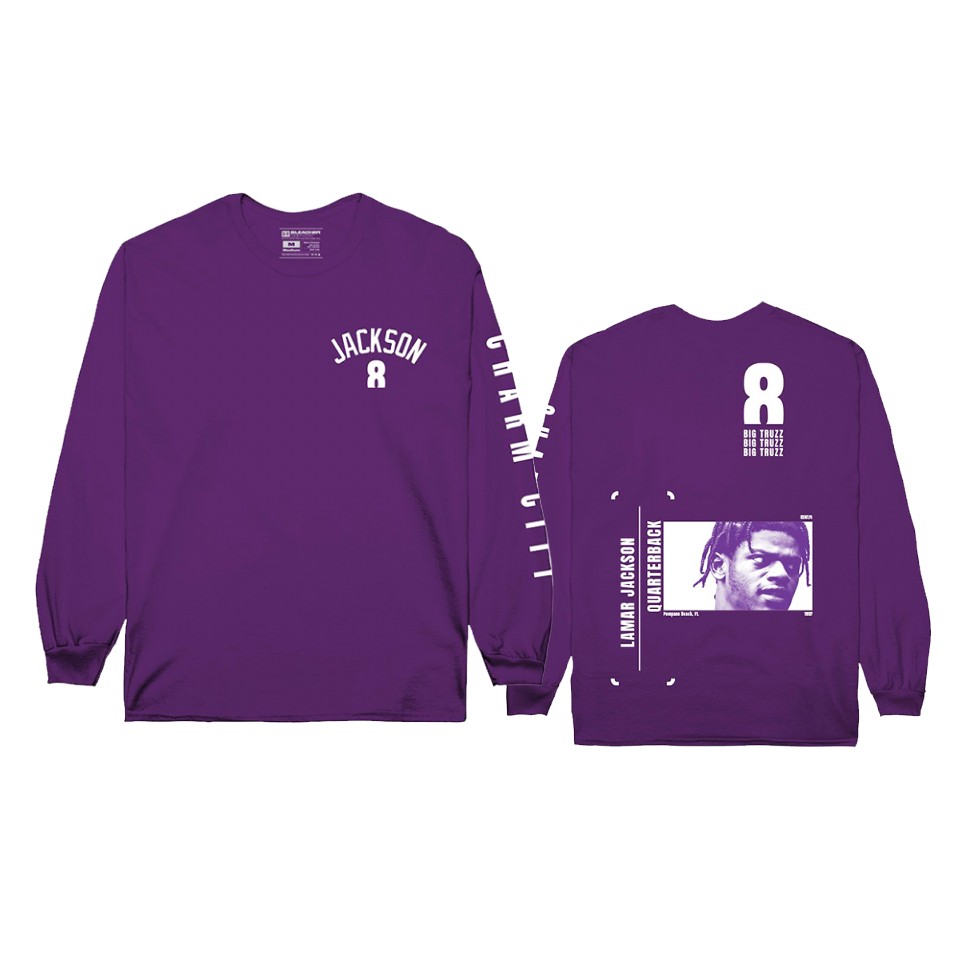 men's ravens lamar jackson purple player graphic long sleeve t shirt